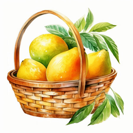yellow pears in a basket, surrounded by vibrant leaves, bask in the warm sunlight against a clean white background. this watercolor-style image captures the essence of tropical symbolism and exotic beauty. the inclusion of bentwood elements adds a touch of larme kei aesthetic, while the concept of collecting and modes of display are depicted through painted illustrations. ai generatedの素材
