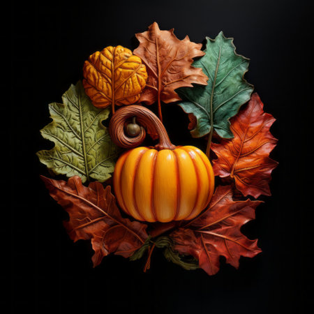 a pumpkin, surrounded by vibrant autumn leaves and an additional leaf, is depicted in a circular relief sculpture. the artwork, created by peter blume, showcases intricate ceramic craftsmanship with multi-layered textures. the black background adds depth and contrast to the composition. this stunning piece is reminiscent of the artistic styles of stephen shortridge and nathan wirth. ai generatedの素材
