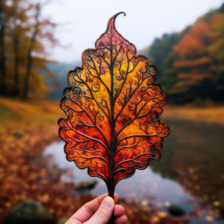 a person showcasing a stunning fall leaf, surrounded by intricate psychedelic landscapes and delicate paper cutouts. the leaf's dark amber and crimson hues perfectly complement the romantic riverscapes depicted in the background. captured with a canon eos 5d mark iv, the photo showcases detailed engraving and flowing lines. ai generatedの素材