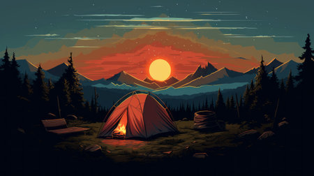 a camper enjoys a picturesque sunset while their tent rests on the ground. the vibrant illustrations capture the beauty of the landscape, with a smokey background in dark cyan and red hues. the nostalgic paintings depict fictional landscapes, showcasing the sublime wilderness. experience the breathtaking scenery with rtx on. ai generatedの素材