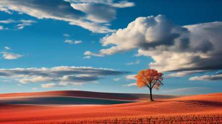 a stunning national geographic photo captures the idyllic rural scenes with clear skies adorned by emotive fields of red and amber clouds. the contrasting shadows add depth to the pensive stillness of this uhd image, creating a charming and captivating visual experience. ai generatedの素材