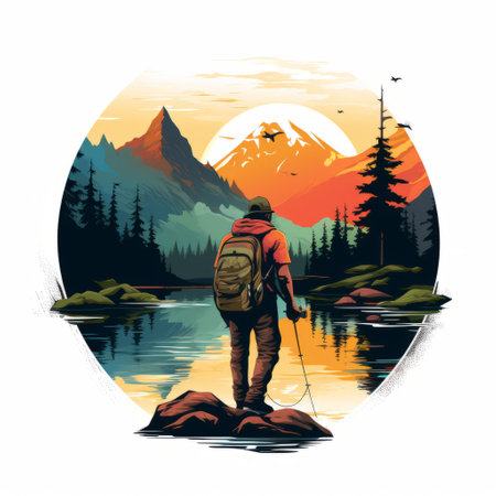 a portrait of a man with a backpack on a hiking trip in the mountains during summer. the artwork is created in the style of 2d game art, featuring chromatic landscapes reminiscent of japanese-style landscapes. the use of palette knives adds texture to the piece, while the ps1 graphics and detailed hunting scenes enhance its visual appeal. ai generatedの素材