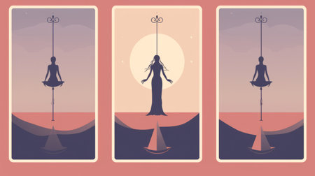 four different decks of tarot cards featuring minimalist portraits and soft, romantic landscapes by cristina mcallister. these unique decks showcase people in various yoga poses, blending minimalistic surrealism with vintage poster design. each card captures the essence of suspended hanging and invites a sense of tranquility and mindfulness. ai generatedの素材