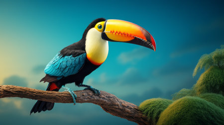 a toucan perched on a tree branch, depicted in a realistic hyper-detailed rendering. this captivating image showcases the unique features of the toucan, with its vibrant colors and distinct beak. the artwork is created in the style of cartelcore and character caricatures, providing a visually stunning and engaging portrayal. the illustration is rendered in 32k uhd resolution, allowing for an incredibly lifelike depiction of theの素材