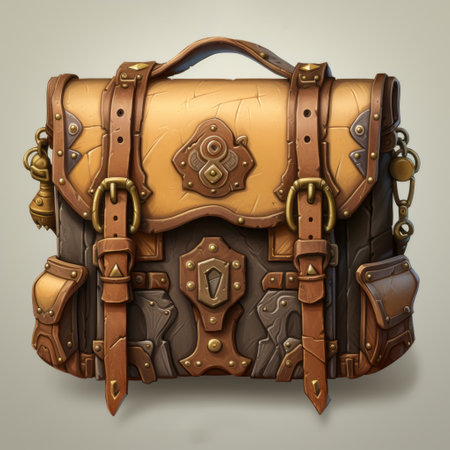 a chronopunk adventure-themed bag featuring detailed character illustrations and hand-painted details. the bag is adorned with metal and wood, reminiscent of 2d game art. it showcases realistic color schemes and intricate background elements, making it a unique and eye-catching accessory. ai generatedの素材