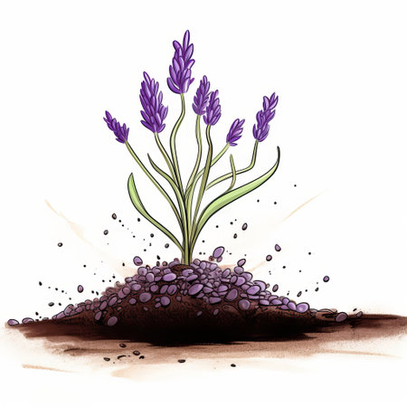 a purple flower emerges from the dirt, showcasing a satirical illustration style. this unique image combines elements of architectural illustration, chemical reactions, and monochromatic sketches. the flower itself appears to be made up of insects, adding an intriguing twist to the composition. this captivating artwork is reminiscent of editorial illustrations, with its light purple and amber tones. ai generatedの素材