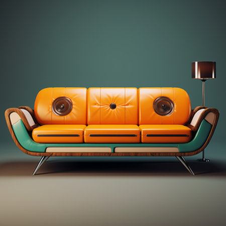 an orange sofa, designed in a retro vintage style, is showcased in this photo. the realistic usage of light and color creates a captivating effect, with dark cyan and green tones adding depth. the sofa's unique features, reminiscent of sound art and naturecore, give it a playful and cartoonish appearance. ai generatedの素材