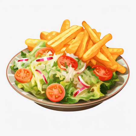 a plate of fruit salad, corn on the cob, and fries is depicted in this realistic portrayal of 2d game art. the artwork features subtle shading, vibrant colors, and an anime-influenced style. with a focus on functionality, this illustration by toraji showcases a mouthwatering combination of delicious food. ai generatedの素材