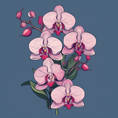 a bud of orchids sits atop a blue ground in this highly detailed illustration. the flat colors of dark pink and light gray create a striking contrast against the blue background. the naturalistic proportions and hand-coloring give the image a realistic feel. the striped arrangements add a touch of elegance to this scientific illustration. ai generatedの素材