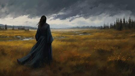 a haunting image of a hellhound, depicted as a figure in a dark dress, strolling through a field. this concept art piece, reminiscent of marine painting and medieval art, captures a moment of quiet contemplation. the realistic color palette and whistlerian style add depth to the fictional landscape. ai generatedの素材