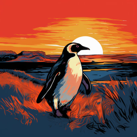 a penguin stands on a white background, contrasting against a vibrant sunset backdrop. the image is reminiscent of bold lithographic art with saturated color fields and intricate illustrations. it captures the essence of tonga's artistic style, featuring fictional landscapes and utilizing brunaille underpainting techniques. the penguin is portrayed with flat, eye-catching colors. ai generatedの素材