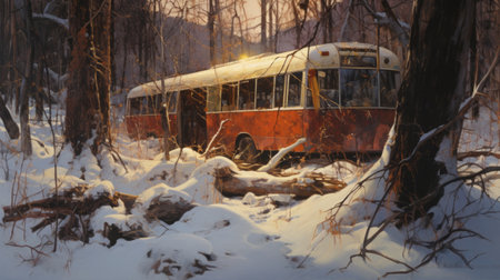 a bus is parked amidst a serene winter birch tree forest. the snow-covered ground reveals tall grass and scattered rocks. the hyperdetailed artwork, created by donato giancola, anders zorn, giovanni battista tiepolo, and ansel adams, showcases a captivating scene with cinematic lighting and raking light. the dark-yellow, black, dark-red, and grey-brown tones add depth and richness to the composition, while the wet surroundings enhance theの素材