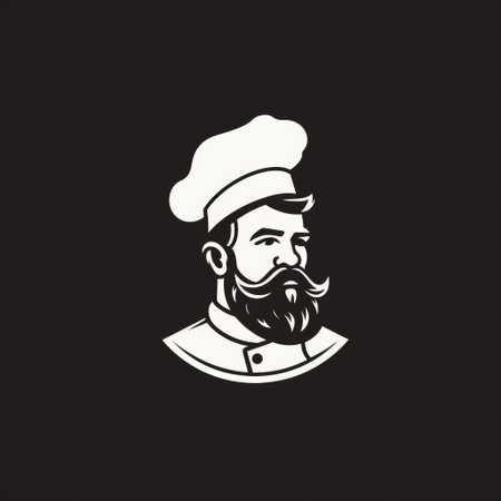 a bearded chef template stands in front of a dark background, showcasing a trace monotone style. the stenciled iconography, inspired by armand guillaumin, adds a rounded and distinctive character design. the boldly black and white color scheme enhances the unique character design of the template. ai generatedの素材
