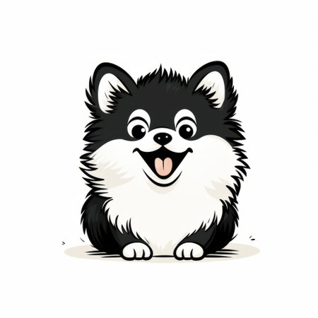 a playful pomeranian doodle with a mischievous grin, raised eyebrow, and tilted head, captured in a black and white minimalist style resembling a comic strip. the clean and minimal lines of the doodle highlight the pomeranian's distinctive features, while its sparkling eyes and peeking tongue add to its adorable charm. style: minimalist black and white doodle. ai generatedの素材