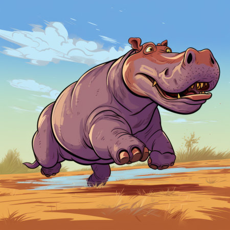 a lively hippo in action is depicted in this artwork, inspired by the style of patrick brown. the cartoon-style illustration showcases highly detailed environments in light violet and brown tones. the bold and manga-inspired characters bring a unique touch to the piece. this artwork is a perfect blend of prudence heward's artistic influence and the vibrant energy of rtx. ai generatedの素材
