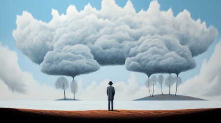 a man gazes at an island emerging from the clouds, surrounded by a dark sky. this captivating photo captures the essence of emotive figural distortions and optical illusion paintings. the depiction of inclement weather adds to the dramatic effect. with its large canvas and ethereal trees, this image resembles an illusion of three-dimensionality. a truly mesmerizing associated press photo. ai generatedの素材