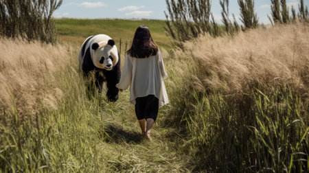 the photo captures ashley walking through a savanna, with a panda following closely behind. the wide-angle lens and high-angle perspective highlight the natural beauty of the surroundings and ashley's connection with nature. the presence of the panda adds a playful touch to the composition, creating a captivating scene of harmony between humans and wildlife in the savanna. ai generatedの素材
