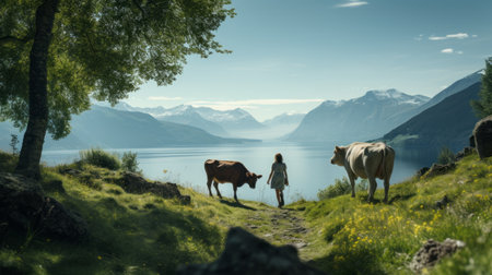 a high-angle photo captures joseph walking through a fjord, with a cow following closely. the wide-angle lens showcases the stunning natural beauty surrounding them, emphasizing joseph's deep connection with nature. the playful presence of the cow adds an endearing touch to the composition. ai generatedの素材