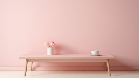 an empty dining table sits against a pink wall, creating a minimalist background. a cup of coffee adds a touch of warmth to the scene. this photograph captures the essence of bloomcore and minimalist japanese aesthetics, with its realistic yet stylized composition. the monochromatic depth and the high resolution of 8k enhance the visual appeal of this pink-themed image. ai generatedの素材