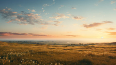 an abandoned field with grass below, featuring layered and atmospheric landscapes in light pink and light amber hues. the expansive scenery captures the essence of english countryside scenes, with a touch of sky-blue. this uhd image showcases the beauty of nature, reminiscent of a national geographic photo. ai generatedの素材