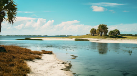 an undeveloped beach with palm trees standing near the ocean, captured in a realistic landscape style with soft, tonal colors. this 32k uhd photograph showcases the essence of american tonalism, depicting the charm and idyllic rural scenes of the southern countryside. the image features saturated pigment pools, adding depth and vibrancy to the composition. ai generatedの素材