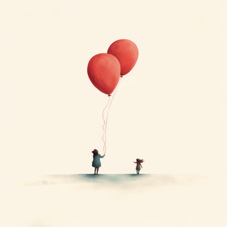 a child floats in the air, surrounded by red balloons. this minimalistic landscape, captured in a highly detailed illustration, showcases the atmospheric watercolor style. shot on 70mm, the 2d image features a light cyan and maroon color palette. ai generatedの素材