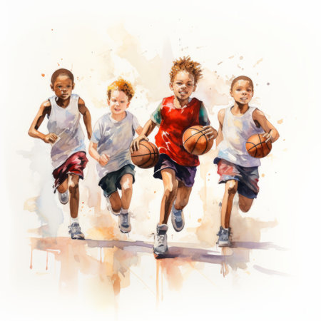 three children energetically running with basketballs are depicted in this digital illustration by the realistic portrait painter dmitri danish. the watercolor style adds a unique touch to the artwork, showcasing danish's innovative techniques and energetic compositions. ai generatedの素材