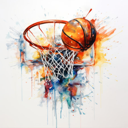 colorful watercolor basketball shot against a white background, resembling an oil on copper painting. this hyperrealistic mural showcases playfully intricate details, creating a site-specific art piece. the composition captures a sense of contained chaos, while the realistic still life technique with dramatic lighting adds depth. this unique artwork can be described as avacadopunk, blending vibrant colors with unconventional elements. ai generatedの素材