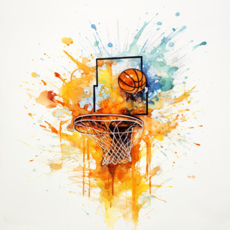 a watercolor painting of a basketball hoop featuring vibrant blue and orange colors. the artwork showcases a unique style with drips and splatters, creating a dynamic and energetic composition. the high level of detail and skillful execution is evident in this princesscore-inspired piece. created by amber, an installation creator known for her dynamic mark making. ai generatedの素材
