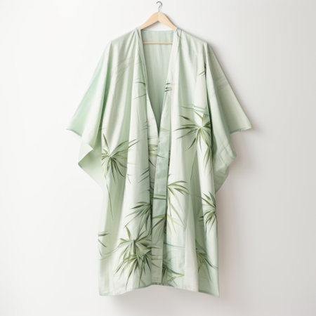 bamboo leaves kimono hanging on a window, featuring a light green and light aquamarine color scheme. the elegant clothing stands out against the white background, creating a visually pleasing contrast. the lith printing technique enhances the overall effect, with a glossy finish that adds depth to the image. the watercolorist's touch is evident in the light green and light beige tones used. ai generatedの素材