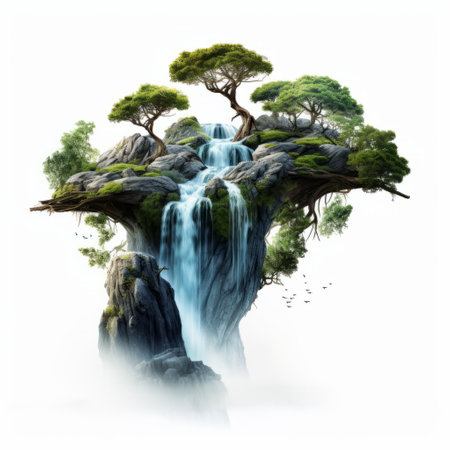 a mesmerizing 3d jungle waterfall on a cloud in nature, featuring surrealist-inspired elements and a naturalistic charm. this artwork showcases a graceful balance and harmony, with primitivist elements adding to its allure. the optical illusions created by this piece are truly mesmerizing. ai generatedの素材