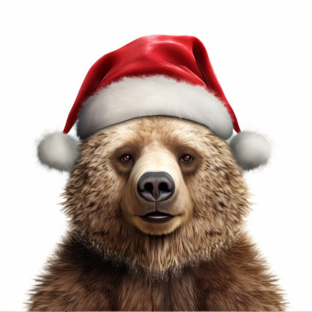 a bear wearing a santa hat rests with the hat covering its face. this realistic portrait showcases a low-resolution, hyper-realistic animal illustration. the image is available under a creative commons attribution license and was captured using a fujifilm x100v camera. the composition adds an ironic touch to the illustration. ai generatedの素材
