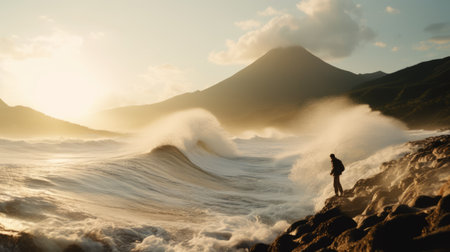 the wave in the japanese mountains at golden hour, captured with a hasselblad medium format camera and cooke prime lens. a man in a hat stands nearby, adding a sense of scale to the scene. the image has a cinematic film still look with film-grain, creating a soft atmosphere. the stage-like symmetry of the environment is reminiscent of sophia coppola's style. ai generatedの素材