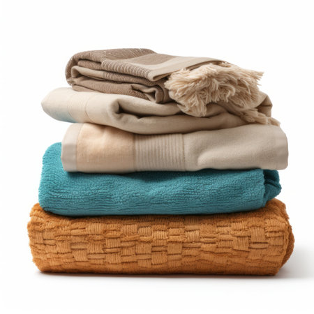 a stacked pile of blankets, captured in a washed-out, matte photo. the living materials are arranged in a style that combines light amber and cyan hues, creating a unique visual appeal. this associated press photo showcases everyday objects, with a color palette ranging from light indigo to dark beige. ai generatedの素材