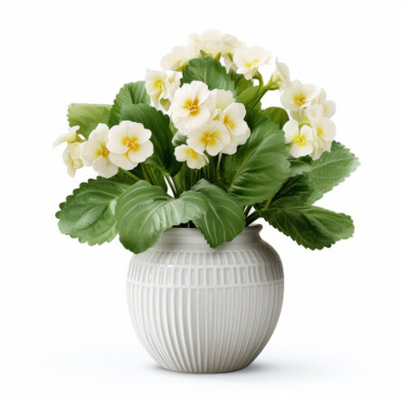 a white flower pot filled with vibrant yellow flowers stands on a clean white background. this photo showcases the intricate details of the foliage, enhanced by the vray tracing technique. the soft-focus technique adds a dreamy touch to the image. the creased, crinkled, and wrinkled petals create a visually captivating effect. the colorized composition exudes a pictorial quality, reminiscent of the mote kei style. aiの素材