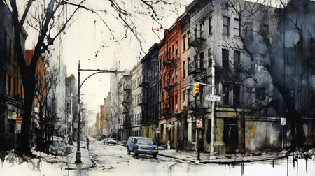 a photo capturing the essence of new york city in 2012, inspired by the artistic styles of florian nicolle, dmitri danish, east village art, steve hanks, and konica auto s3. this image beautifully portrays the suburban ennui, abundant paint, and the unique atmosphere of the city. ai generatedの素材