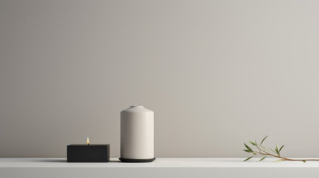 a small vase of flowers and a candle sit next to an empty white candle on a blue countertop. this minimalist arrangement, rendered in the style of octane render, showcases a streamlined design inspired by japanese minimalism. the dark beige and black color scheme adds a touch of sophistication, while the zen-inspired atmosphere is enhanced by the light gray and black accents. perfect for thoseの素材