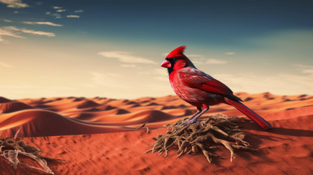 a red cardinal stands out in this surreal 3d landscape photo. the desertpunk-inspired, uhd image showcases simple yet colorful illustrations. with a painterly style, this national geographic photo captures the energy-filled illustrations in a captivating way. ai generatedの素材