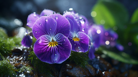purple pansies delicately bloom on a weathered rock, showcasing their vibrant hues. this stunning photograph, created using vray tracing and rendered in unreal engine, captures the intricate details of the botanical illustrations. the water drops on the petals add a touch of realism, while the glowing colors evoke an emotional expression. a national geographic-worthy image that mesmerizes with its lifelike beauty. ai generatedの素材