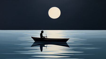 a man in a small boat with the moon behind him, captured in the style of bess hamiti and albert marquet. this artwork features heavy use of palette knives, simplistic vector art techniques, and a play with light and shadow. the scene evokes a sense of mystery and tranquility, reminiscent of naomi tydeman's nocturnal scenes. ai generatedの素材