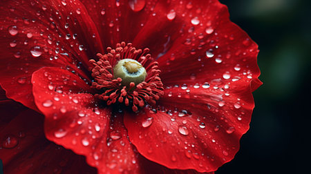 a stunning red poppy flower captured in high definition (hd) at 1024x768 resolution. the image showcases the flower in the style of water drops, highlighting its intricate textures. shot with a zeiss planar t 80mm f2.8 lens on a canon eos 5d mark iv, the photo beautifully captures the contrast between light and dark. this contest-winning image also showcases delicate chromatics. ai generatedの素材
