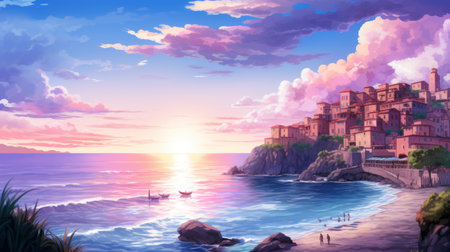 a scenic view of a small town with a hill overlooking the ocean, captured in the style of anime art. the romantic use of light enhances the beauty of this breathtaking scene. the calm seas and skies create a tranquil atmosphere, while vibrant colors and subtle gradients add depth to the image. the solarizing effect adds a touch of mastery to this stunning artwork. aiの素材