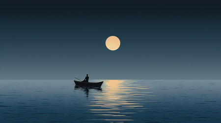a human silhouette stands on open water, capturing the essence of a man fishing. this digital illustration by hiroshi katsuragawa is reminiscent of romantic moonlit seascapes. the artwork exudes quiet simplicity, drawing inspiration from traditional landscapes and mid-century illustration, as seen in the works of georgy kurasov. ai generatedの素材