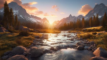 the sun sets behind a breathtaking mountain landscape, adorned with rocks and bathed in the warm hues of twilight. this stunning photograph, reminiscent of the artistic styles of max rive and elizabeth gadd, showcases a realistic hyper-detailed rendering. with a wide-angle lens, it captures the essence of nature in a whistlerian manner. ai generatedの素材