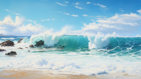 the photo captures the mesmerizing waves crashing onto the surface, reminiscent of a speedpainting by edogawa ranpo. the realistic and detailed rendering of the en plein air beach scenes showcases the vibrant aquamarine hues. the highly detailed illustrations evoke a sense of tranquility, reminiscent of the iconic style of bob ross. ai generatedの素材