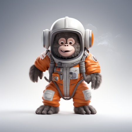 a cute cartoon character of a personified king kong dressed as an astronaut, with a joyful and optimistic expression. the image features a full body shot of the character in 3d, against a white background. ai generatedの素材