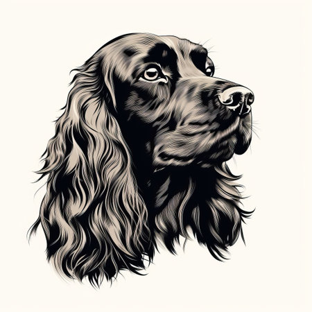 a black drawing of a cocker spaniel dog, featuring retro filters and clean, sharp inking. the pensive portraiture showcases a combination of dark bronze and light beige tones, creating a realistic and iconic symbol. the intricate illustrations capture the essence of this beloved breed. ai generatedの素材