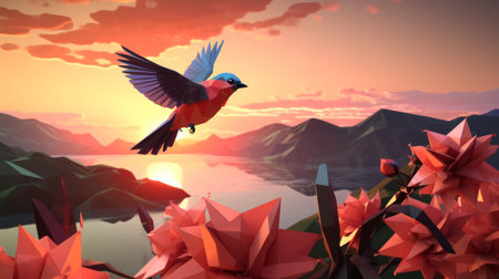 a bird gracefully soars above a stunning array of flowers during a breathtaking sunset. this captivating scene is depicted in a mesmerizing low poly style, with a color palette featuring shades of light red and azure. inspired by the kan school and concept art, this interactive artwork showcases bold and daring compositions reminiscent of whistlerian aesthetics. ai generatedの素材