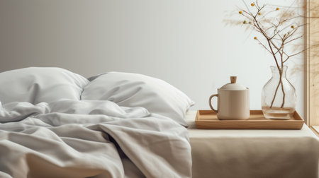 a photo of a shabby chic bedroom with white bedding, a frame window, and a table, captured during a serene sunday morning sunrise. the composition reflects an organic and naturalistic style, incorporating elements of melting pots, zen minimalism, muted earth tones, realistic still-life, oriental minimalism, and luxurious fabrics. ai generatedの素材
