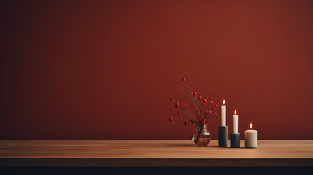 two candles, one dark orange and one light maroon, sit on a wooden table. the minimalist background enhances the captivating floral still lifes. with vray tracing, the luminous 3d objects exude a sense of minimalist spare simplicity in shades of red and maroon. ai generatedの素材